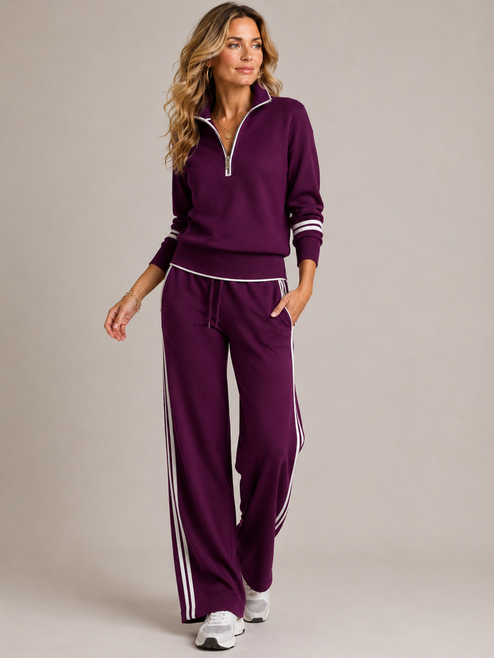Knitted Two-Piece Set with Quarter-Zip Jumper and Wide-Leg Trousers