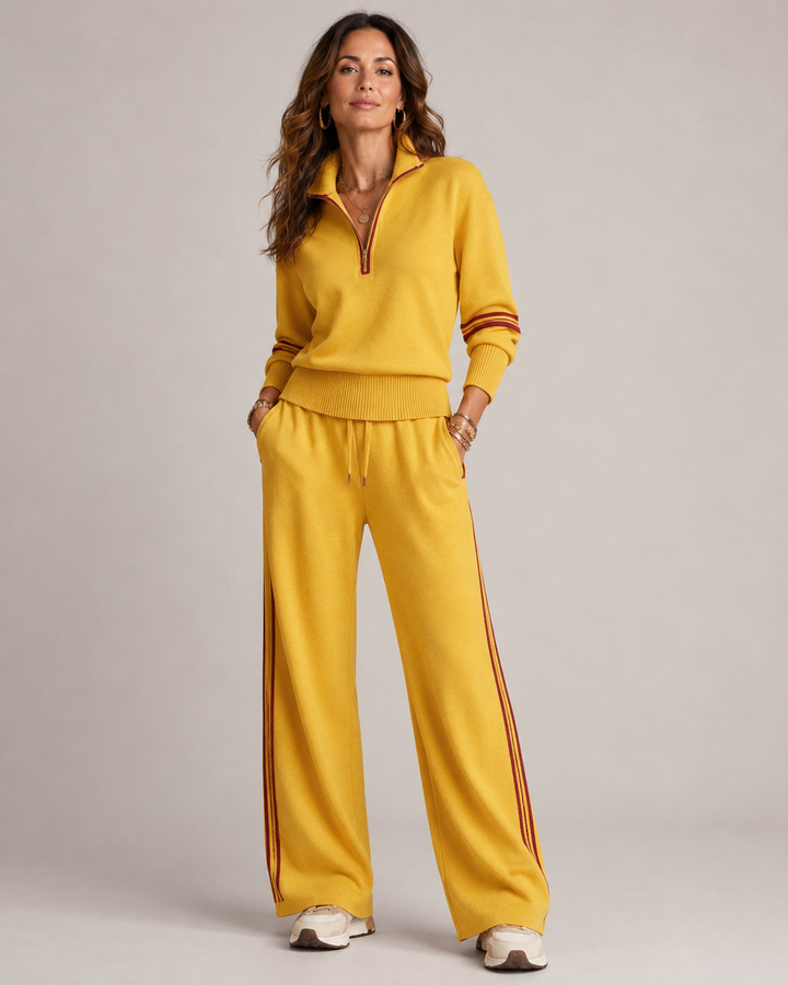 Knitted Two-Piece Set with Quarter-Zip Jumper and Wide-Leg Trousers