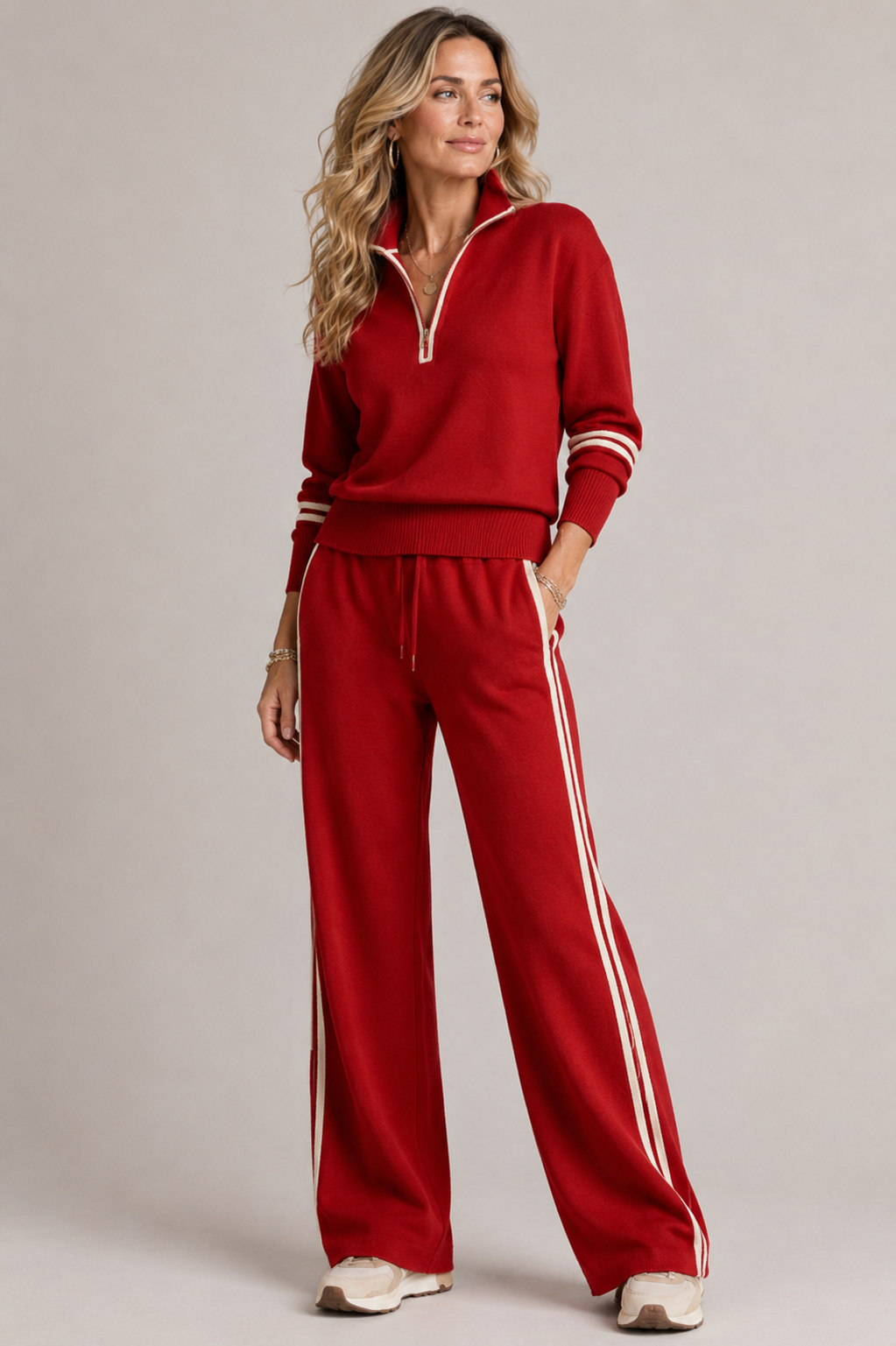 Knitted Two-Piece Set with Quarter-Zip Jumper and Wide-Leg Trousers