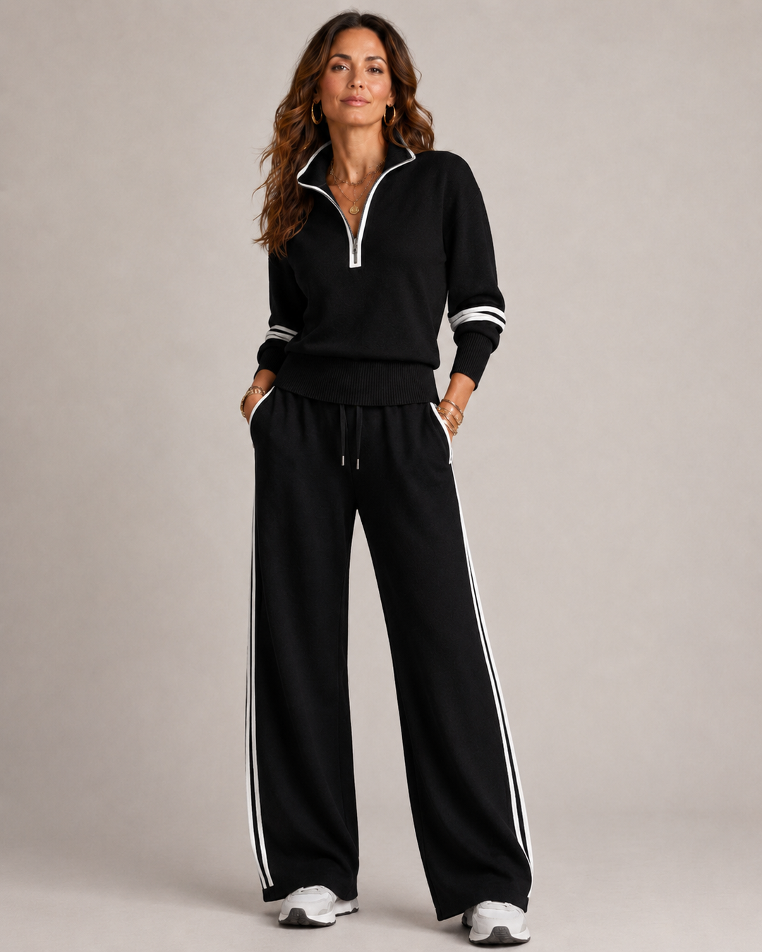 Knitted Two-Piece Set with Quarter-Zip Jumper and Wide-Leg Trousers
