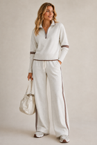 Knitted Two-Piece Set with Quarter-Zip Jumper and Wide-Leg Trousers