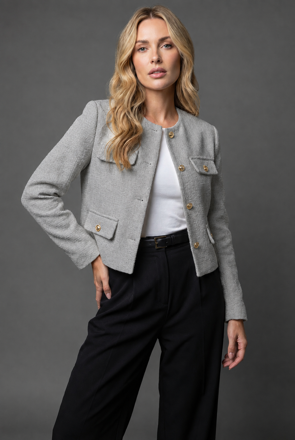Cropped Tweed Blazer with Gold Buttons and Flap Pockets