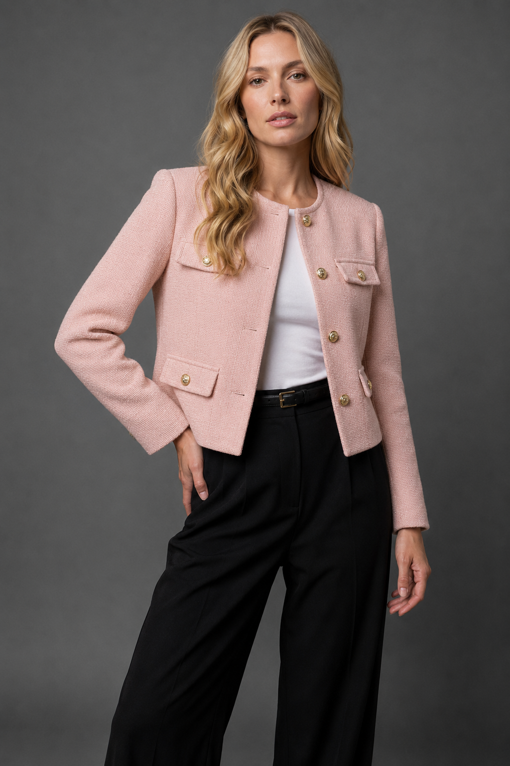 Cropped Tweed Blazer with Gold Buttons and Flap Pockets