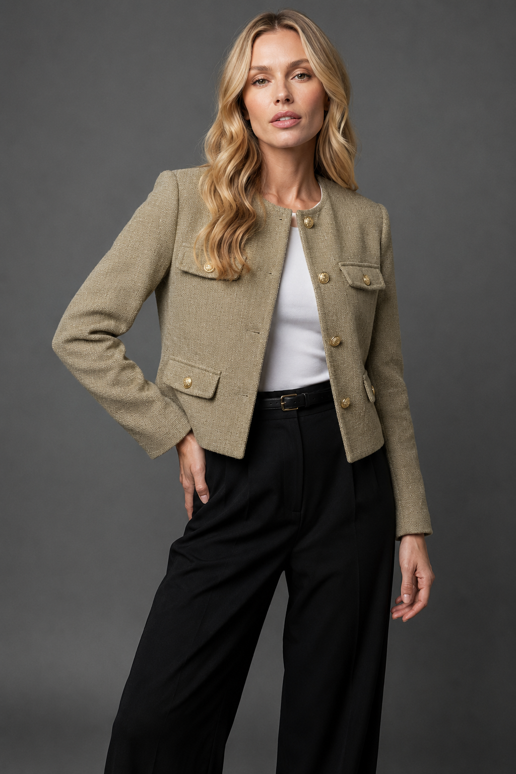 Cropped Tweed Blazer with Gold Buttons and Flap Pockets