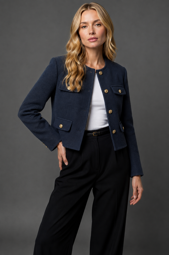 Cropped Tweed Blazer with Gold Buttons and Flap Pockets
