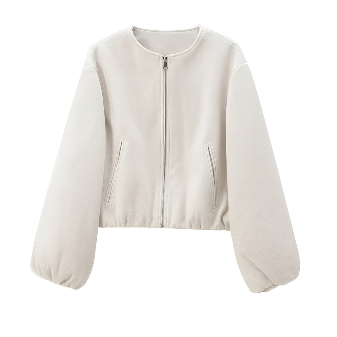 Cropped Zip Front Bomber Jacket with Balloon Sleeves