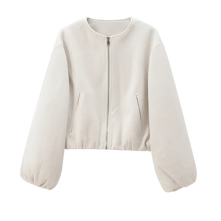 Cropped Zip Front Bomber Jacket with Balloon Sleeves