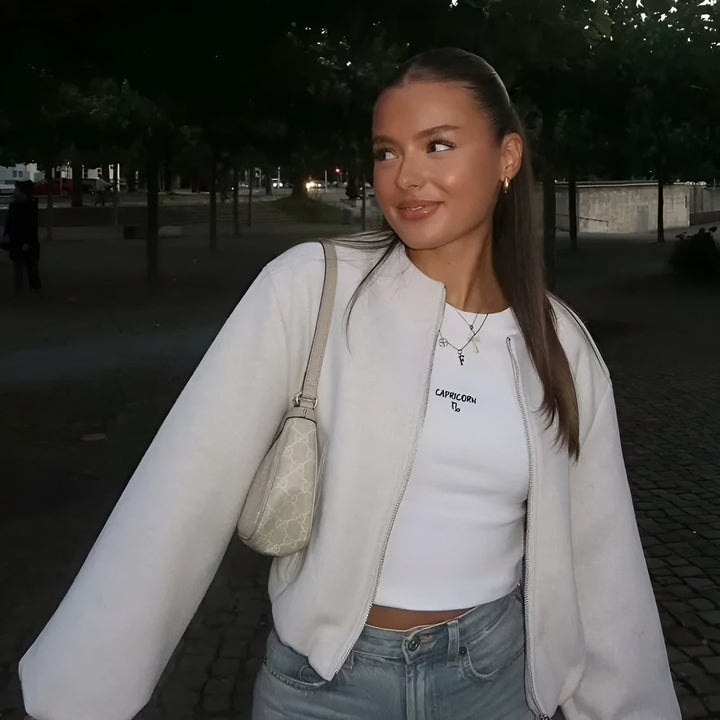 Cropped Zip Front Bomber Jacket with Balloon Sleeves