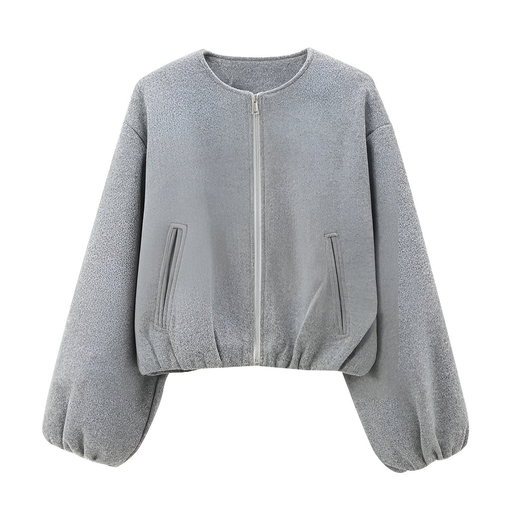 Cropped Zip Front Bomber Jacket with Balloon Sleeves