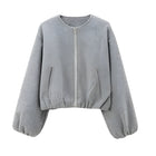 Cropped Zip Front Bomber Jacket with Balloon Sleeves