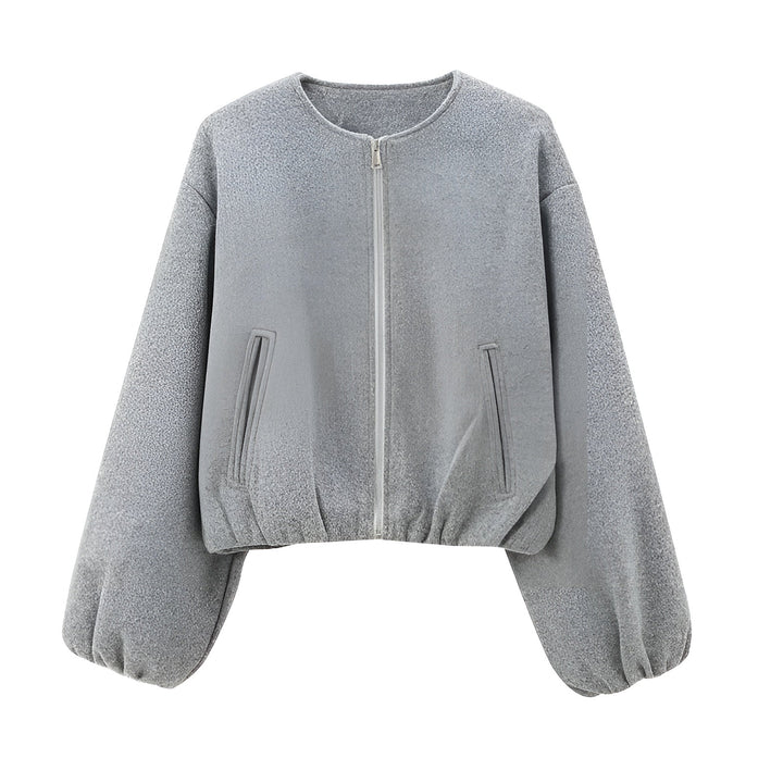 Cropped Zip Front Bomber Jacket with Balloon Sleeves
