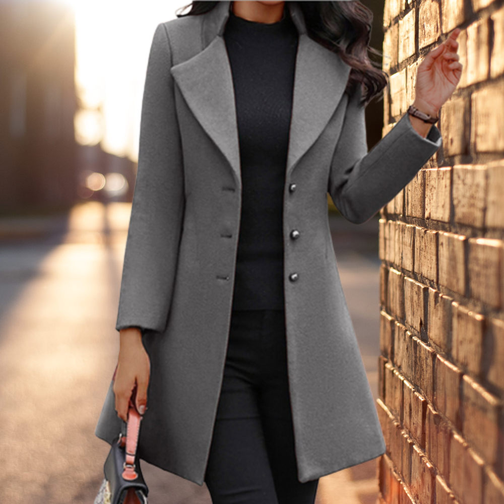 Ladies Long Coat – Tailored Fit – Wool Blend – Solid