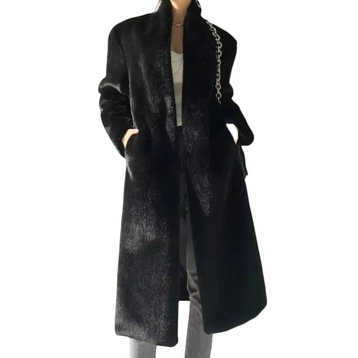 Ladies Long Winter Coat with Hidden Button Closure and Functional Pockets