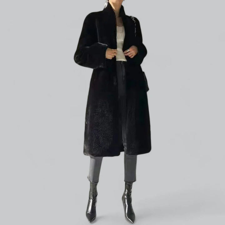 Ladies Long Winter Coat with Hidden Button Closure and Functional Pockets