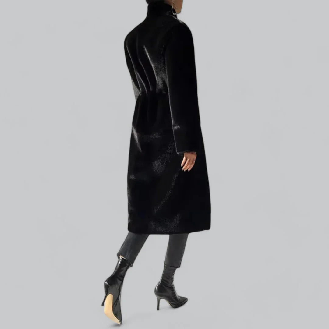 Ladies Long Winter Coat with Hidden Button Closure and Functional Pockets