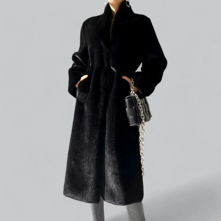 Ladies Long Winter Coat with Hidden Button Closure and Functional Pockets