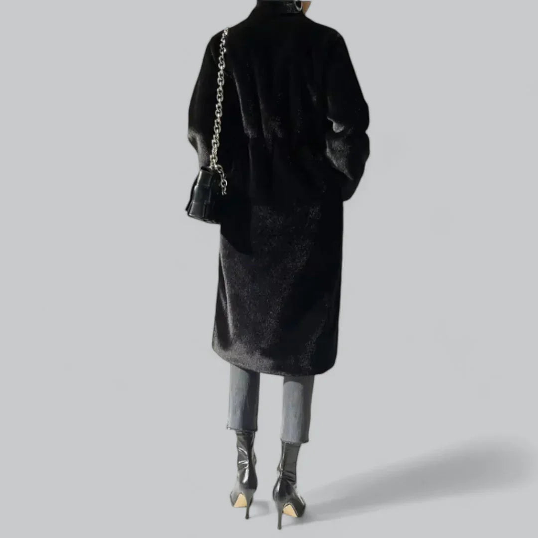 Ladies Long Winter Coat with Hidden Button Closure and Functional Pockets