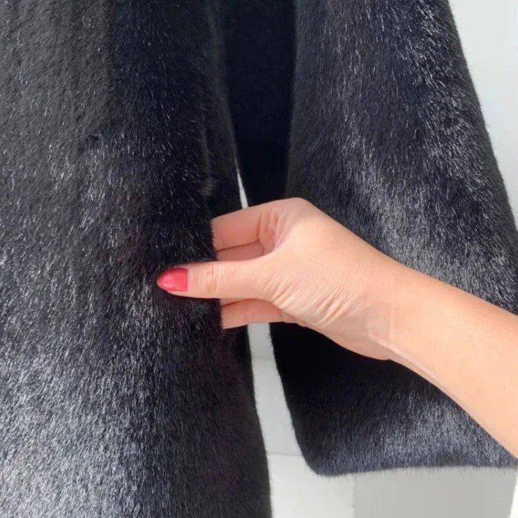 Ladies Long Winter Coat with Hidden Button Closure and Functional Pockets