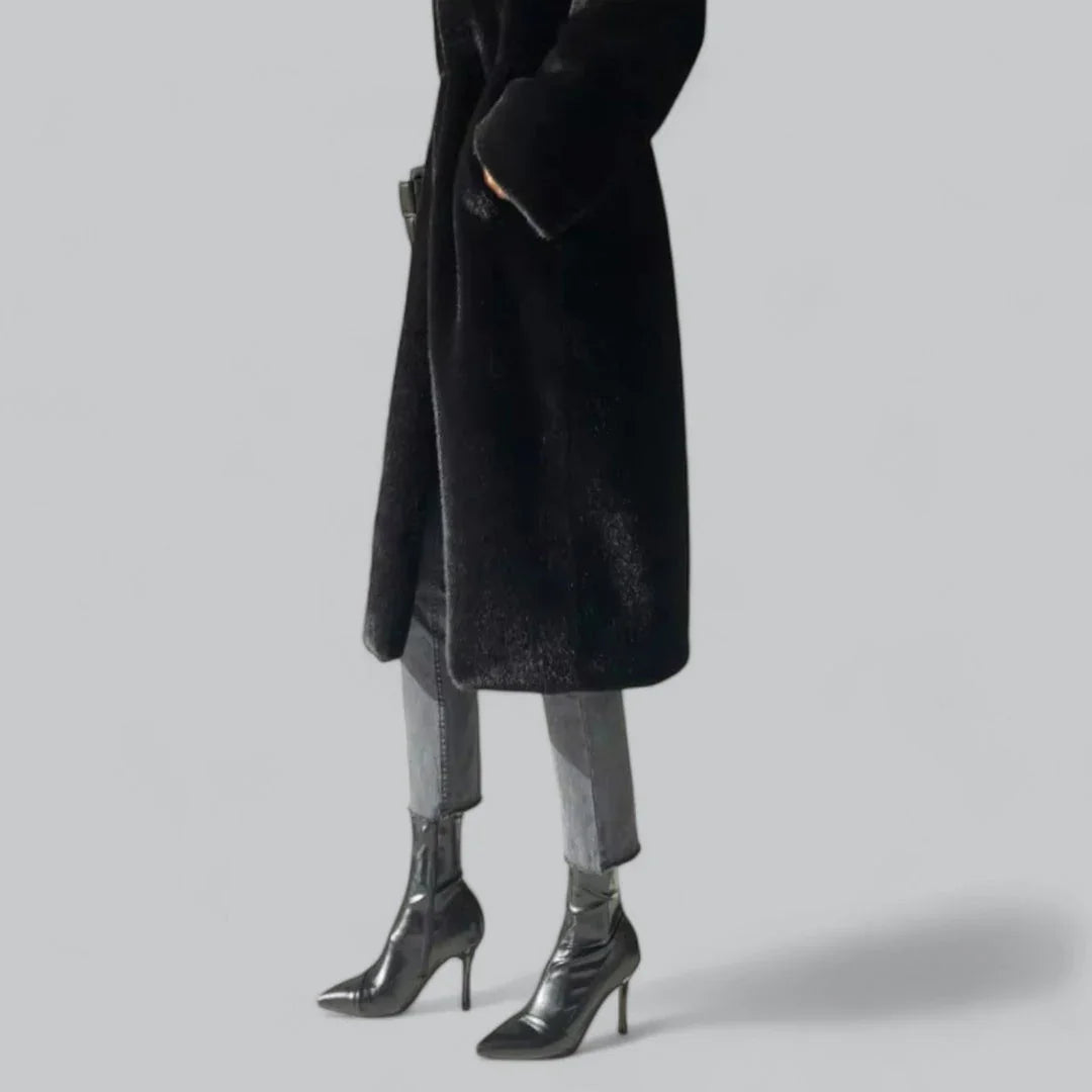 Ladies Long Winter Coat with Hidden Button Closure and Functional Pockets