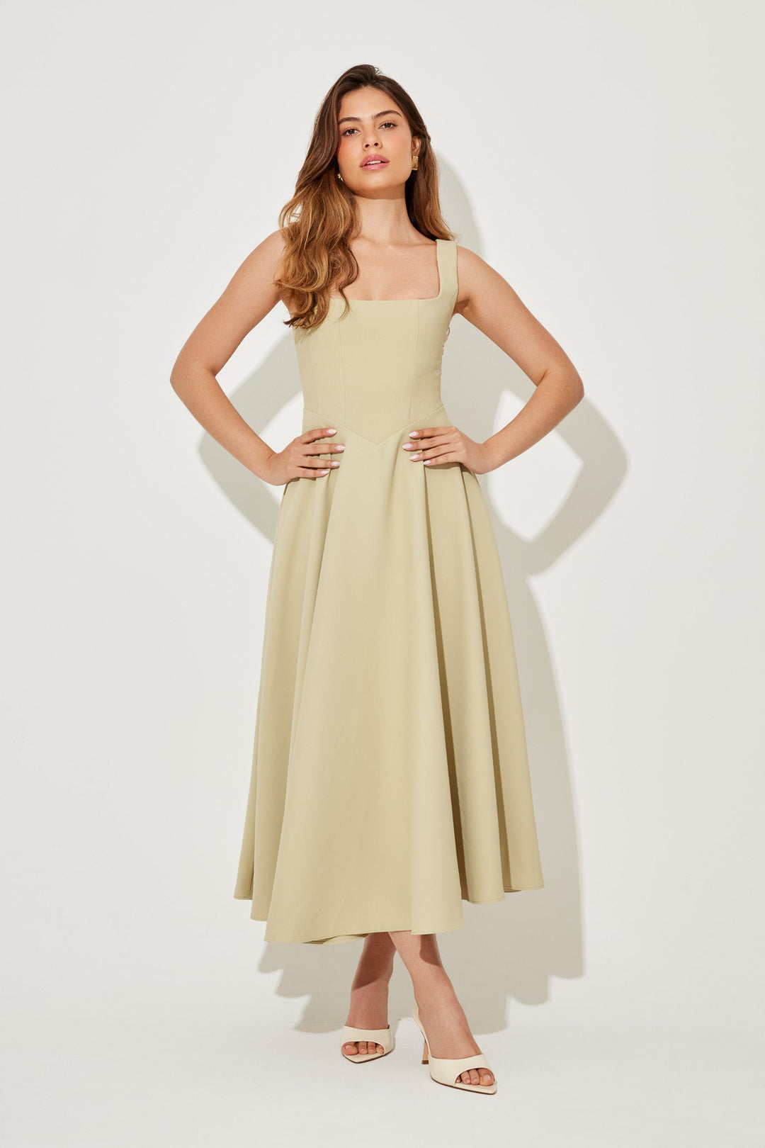 MILENA – High Waist Square Neck Sleeveless Fit and Flare Midi Dress