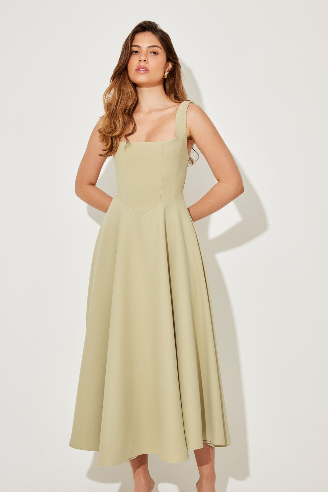 MILENA – High Waist Square Neck Sleeveless Fit and Flare Midi Dress