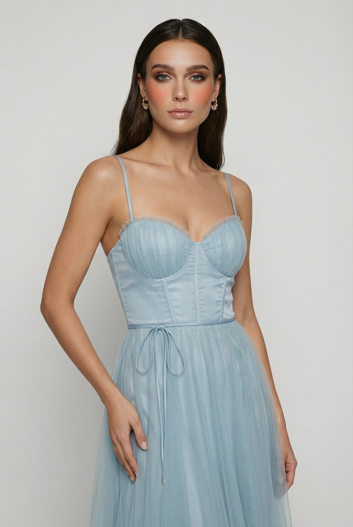 Cocktail Midi Dress for Women - Blue Satin Halter Style for Parties &amp; Special Occasions