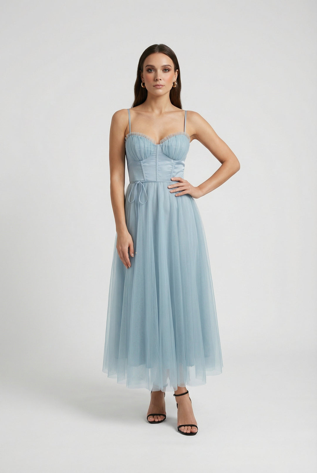 Cocktail Midi Dress for Women - Blue Satin Halter Style for Parties &amp; Special Occasions