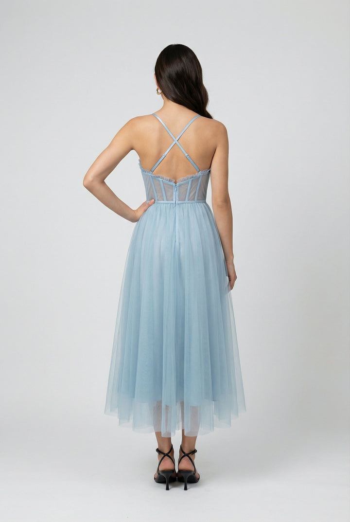 Cocktail Midi Dress for Women - Blue Satin Halter Style for Parties &amp; Special Occasions