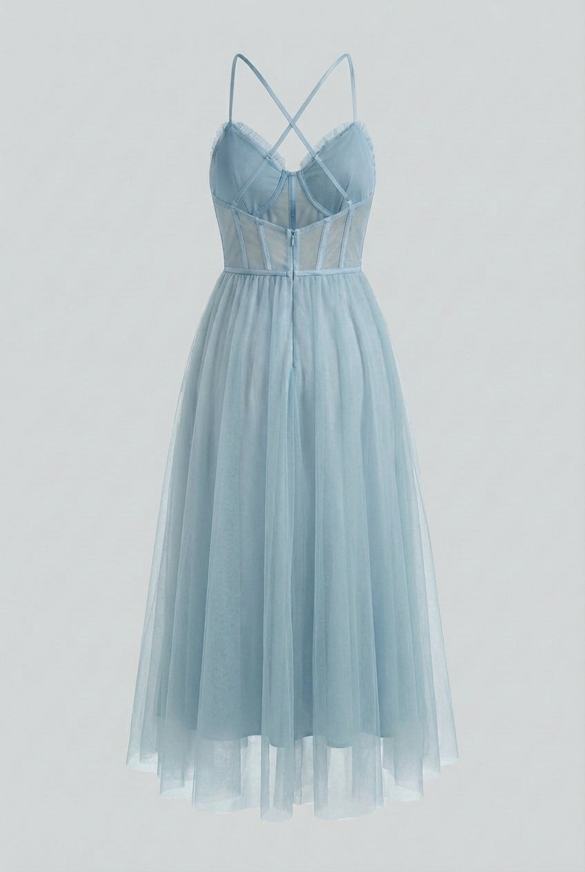 Cocktail Midi Dress for Women - Blue Satin Halter Style for Parties &amp; Special Occasions