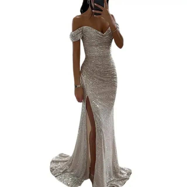 Elegancia Evening Dress | Maxi Dress with Sequins, V-Neck and Alluring Split