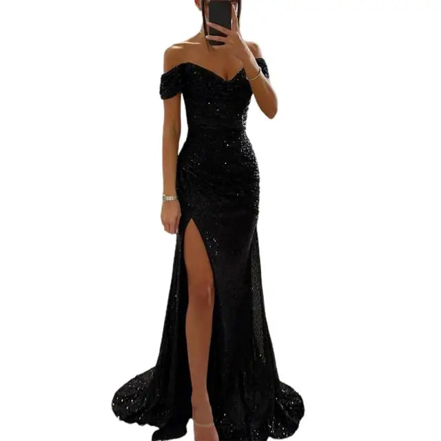 Elegancia Evening Dress | Maxi Dress with Sequins, V-Neck and Alluring Split