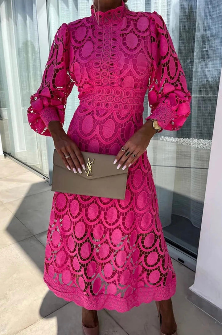 ELORA - High Neck Lace Midi Dress