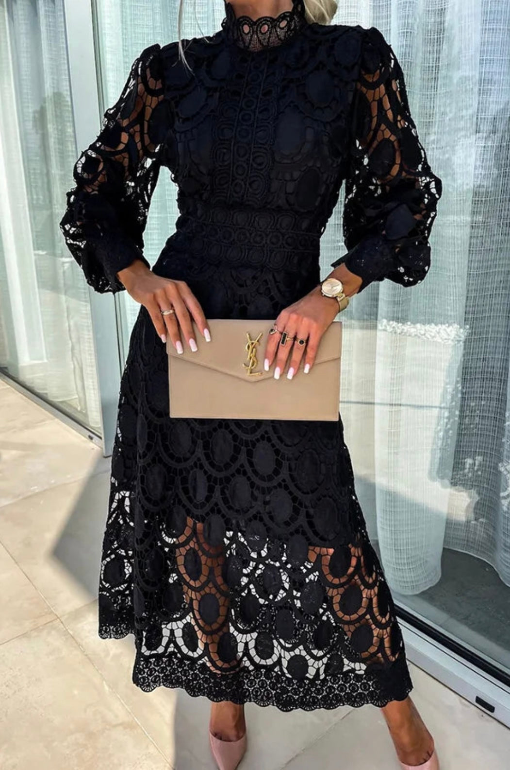 ELORA - High Neck Lace Midi Dress
