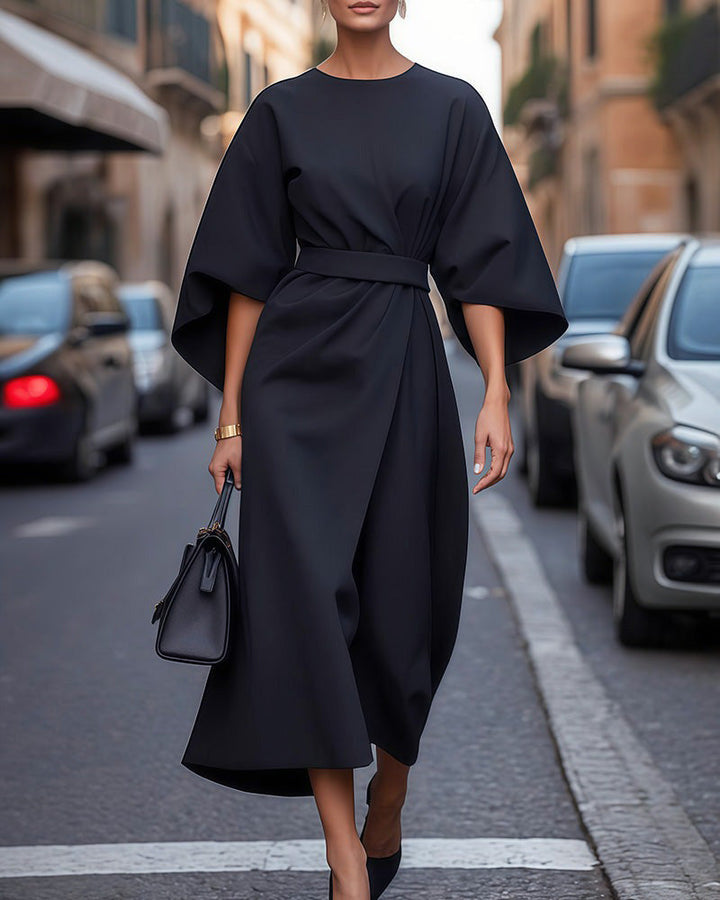 ELVIRA - Batwing Sleeve Belted Midi Dress with Wrap Waist Detail