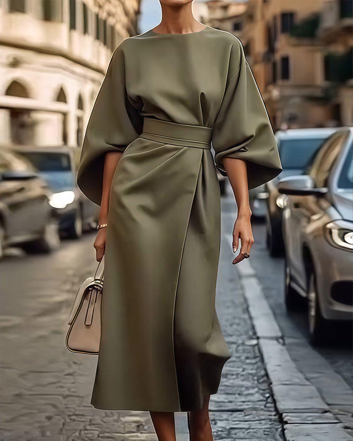 ELVIRA - Batwing Sleeve Belted Midi Dress with Wrap Waist Detail