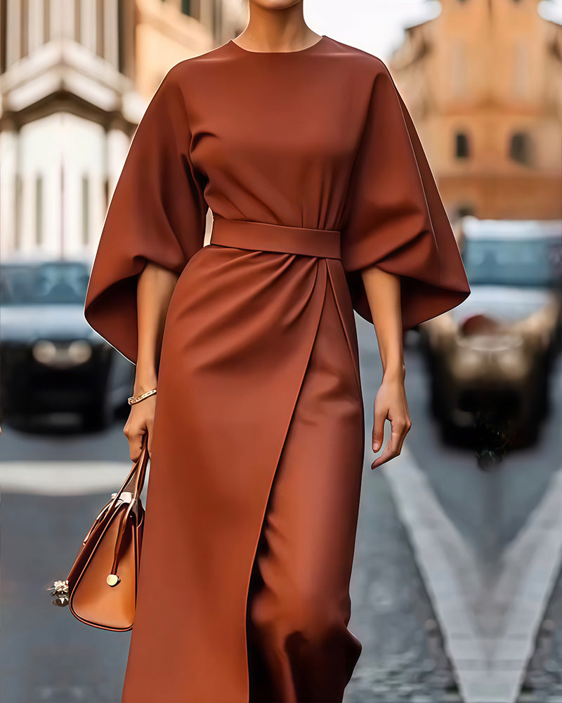 ELVIRA - Batwing Sleeve Belted Midi Dress with Wrap Waist Detail