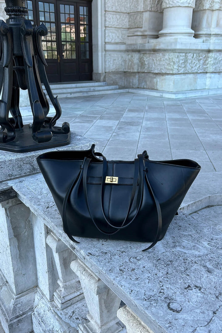Everyday Leather Tote Bag with Front Closure Detail