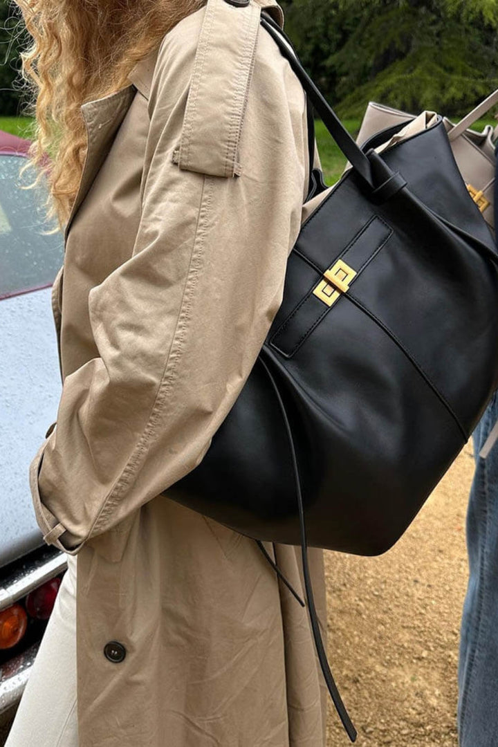 Everyday Leather Tote Bag with Front Closure Detail