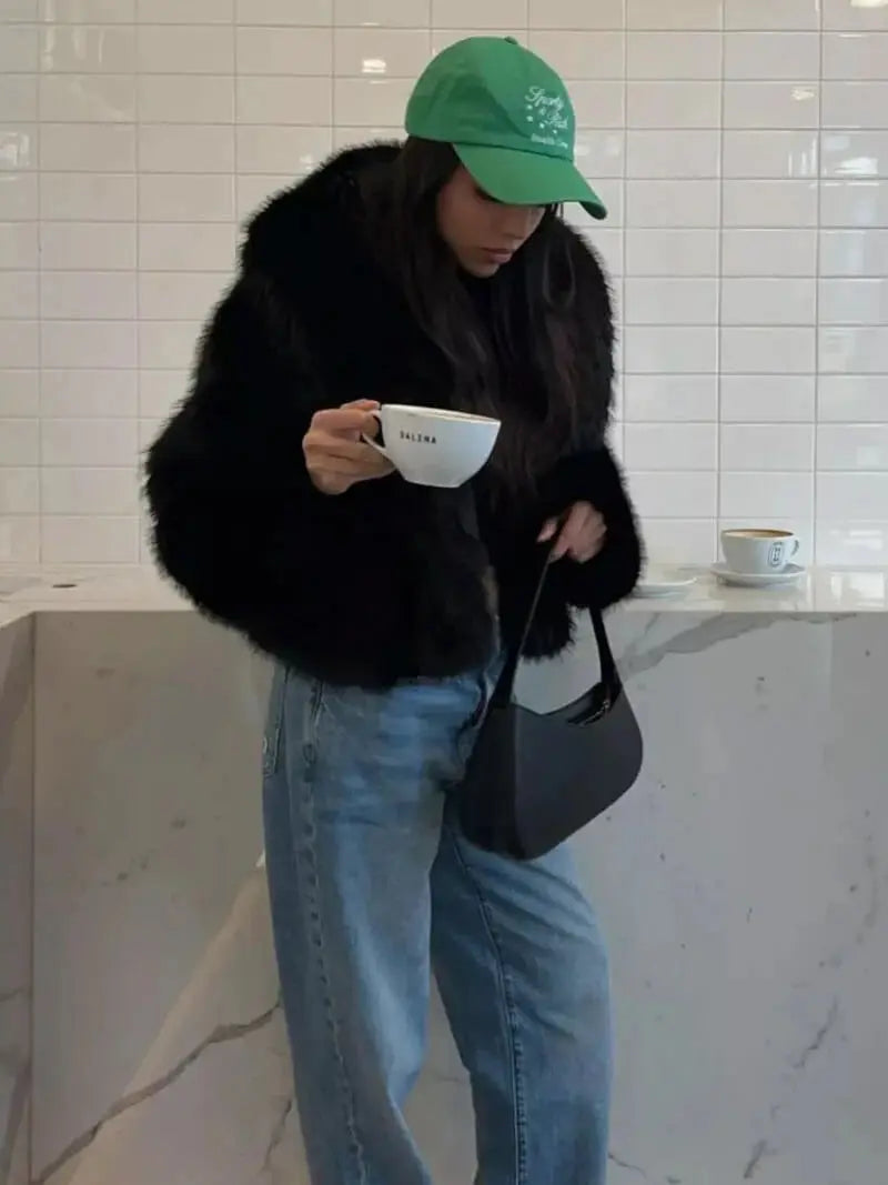 Faux Fur Coat with Wide Lapel Collar