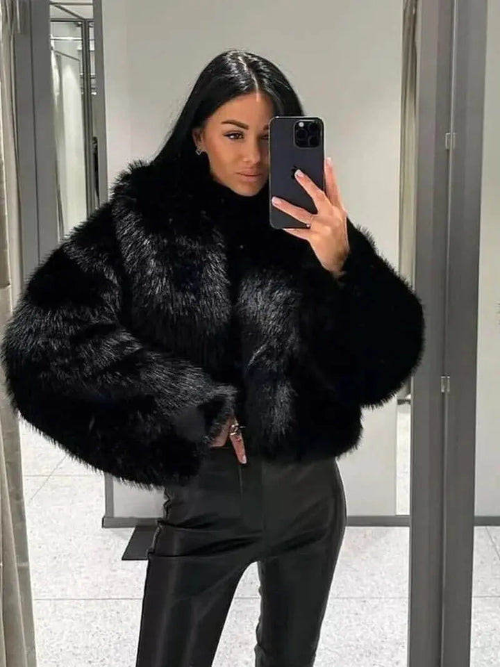 Faux Fur Coat with Wide Lapel Collar