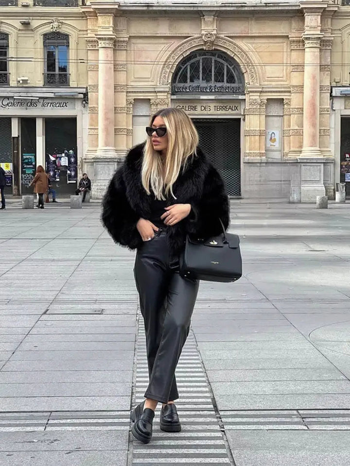 Faux Fur Coat with Wide Lapel Collar