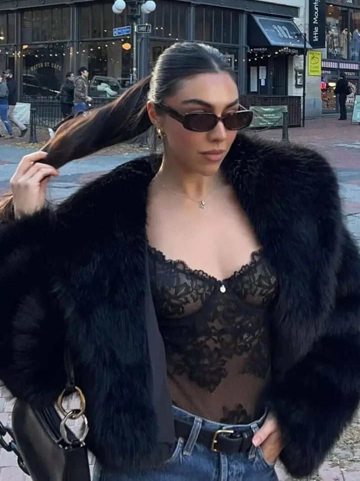 Faux Fur Coat with Wide Lapel Collar