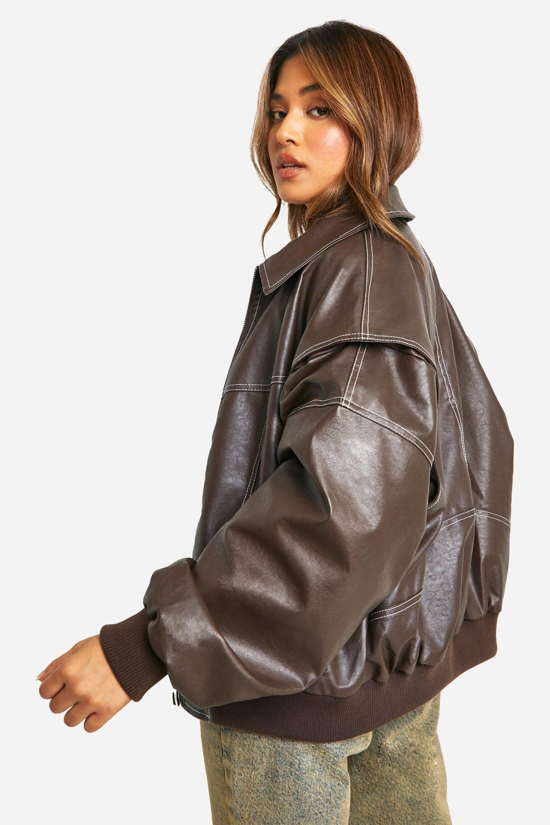 Faux Leather Bomber Jacket with Zip Front