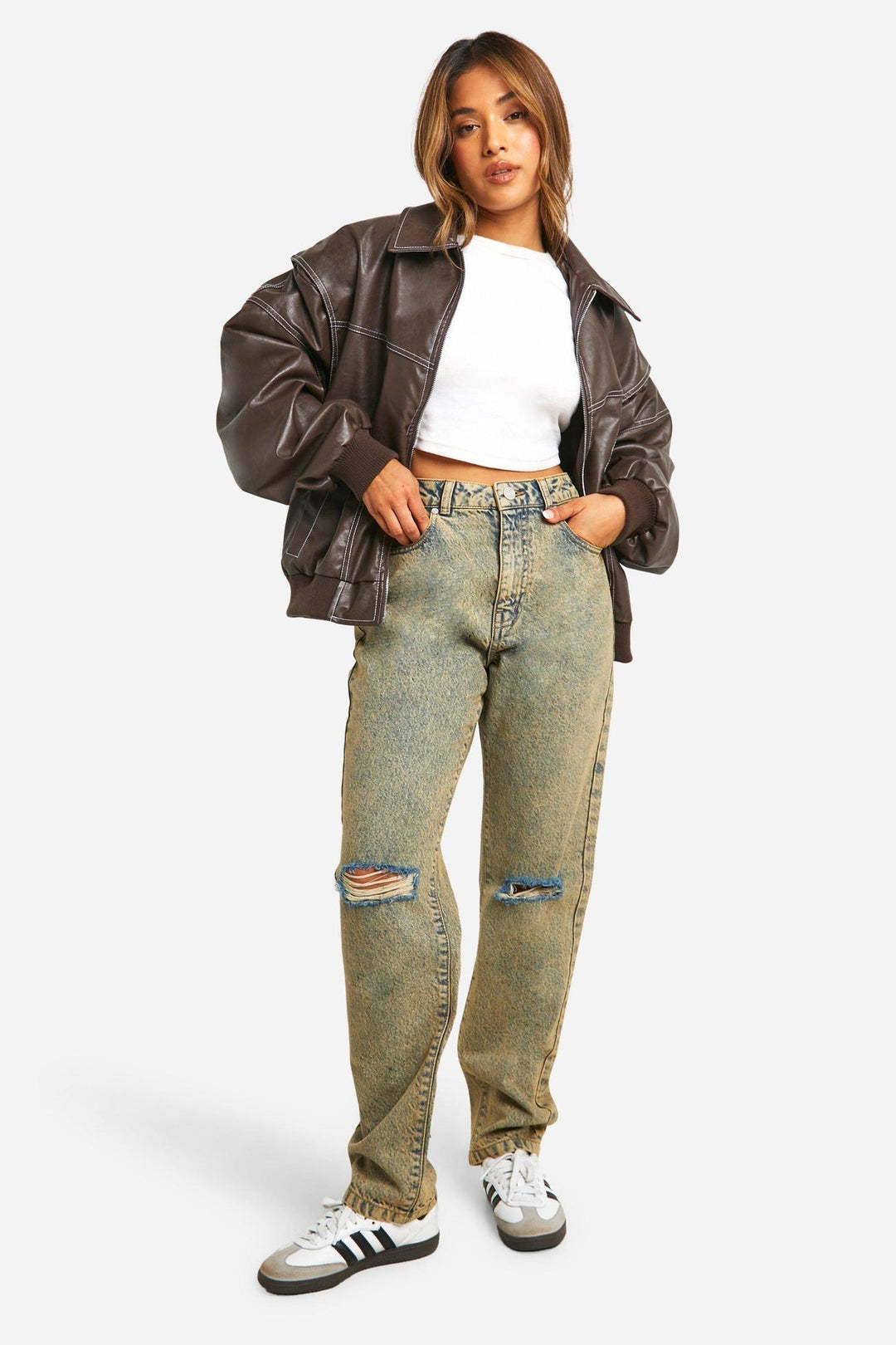Faux Leather Bomber Jacket with Zip Front