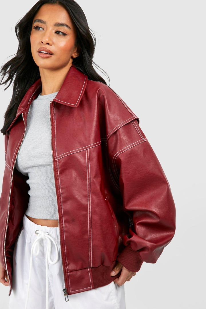 Faux Leather Bomber Jacket with Zip Front