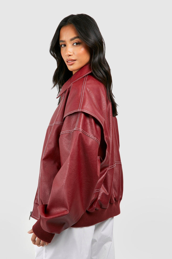 Faux Leather Bomber Jacket with Zip Front