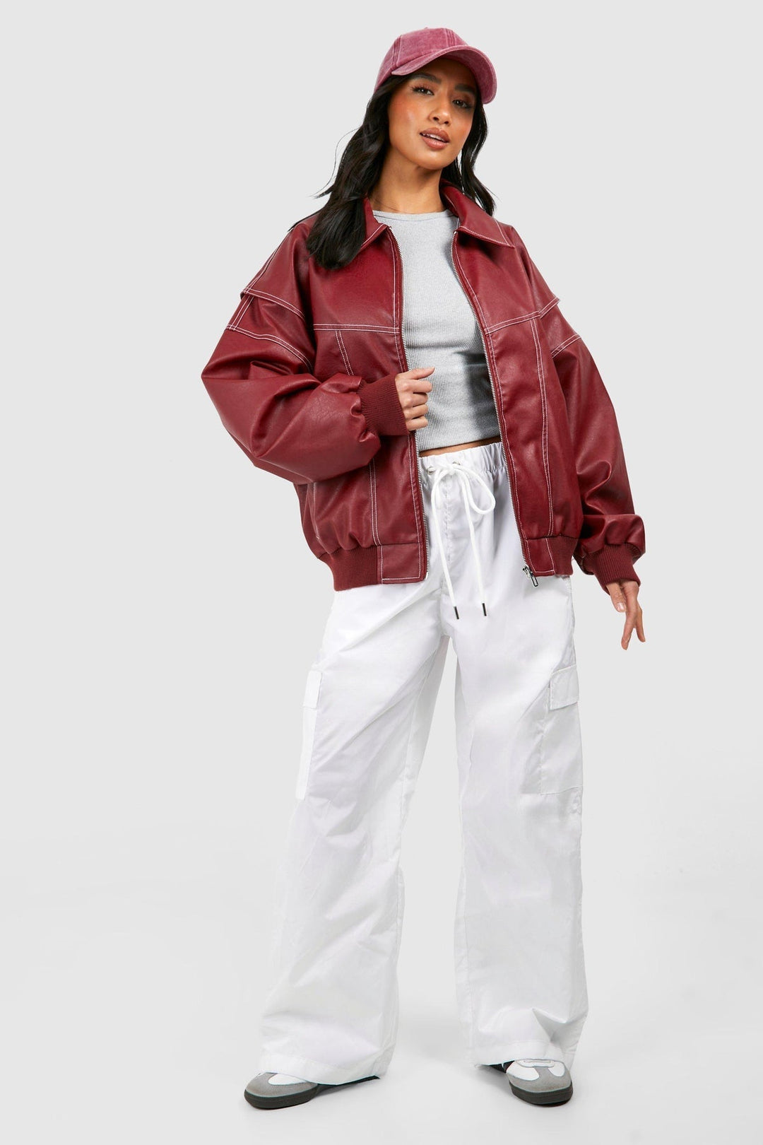 Faux Leather Bomber Jacket with Zip Front