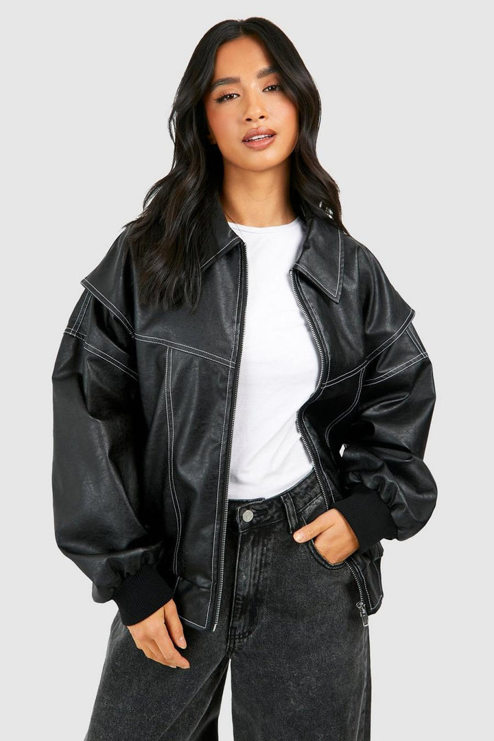 Faux Leather Bomber Jacket with Zip Front