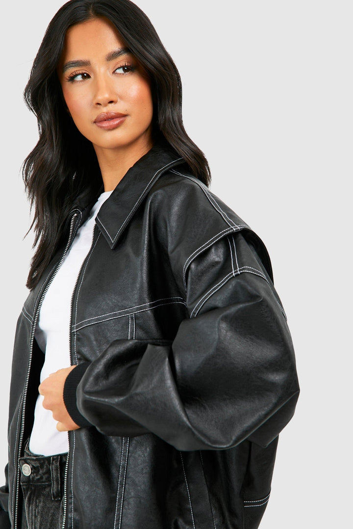 Faux Leather Bomber Jacket with Zip Front