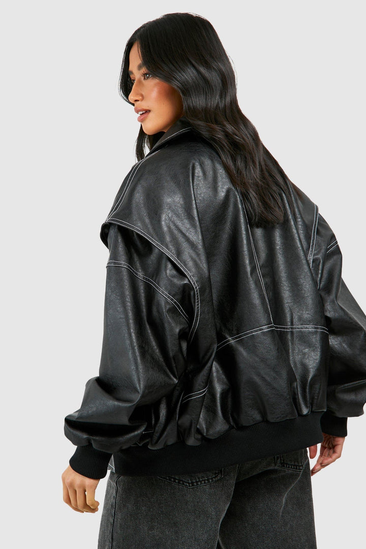 Faux Leather Bomber Jacket with Zip Front